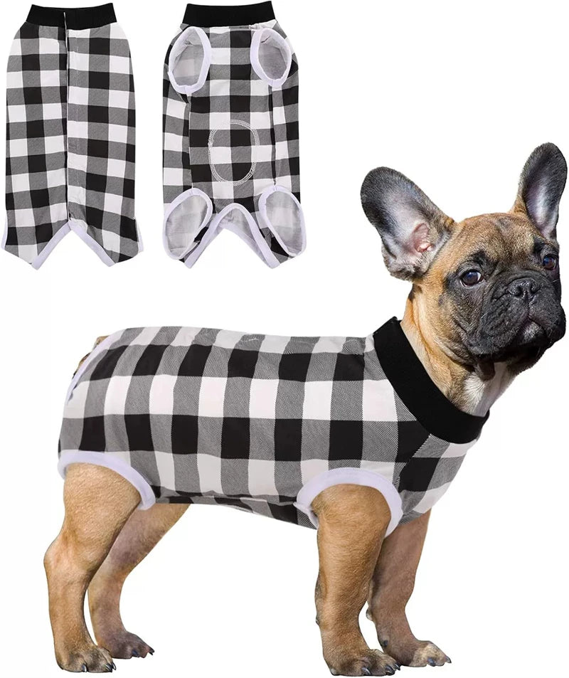 A fawn-colored dog wearing a black and white plaid cotton recovery suit with anti-lick protection.