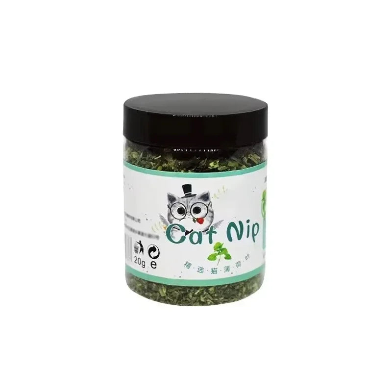 A jar of natural catnip and mint grass for feline relaxation.