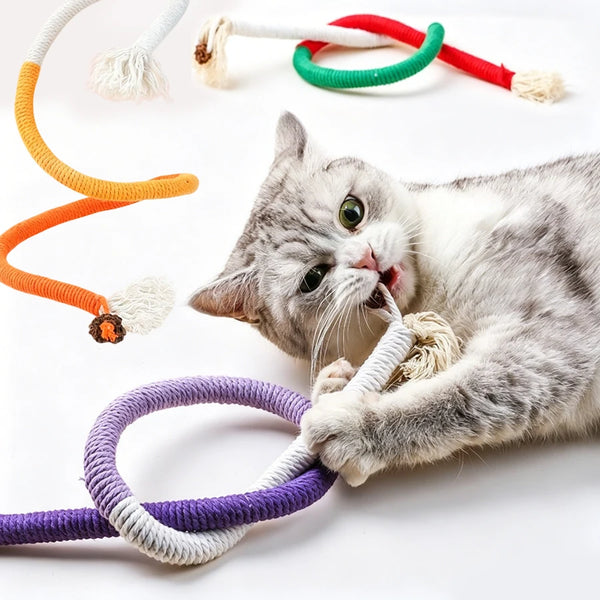 A gray and white cat is playing with various colored rope toys, including orange, green, and purple.