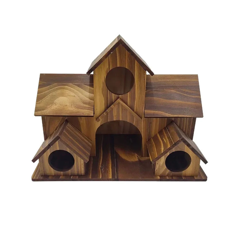 Handmade wooden bird house with a pitched roof and entrance hole for outdoor decor