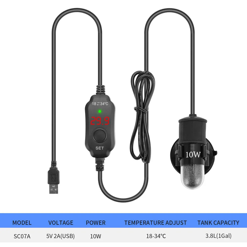 Black adjustable USB aquarium heater with 10W power and 3.8L capacity