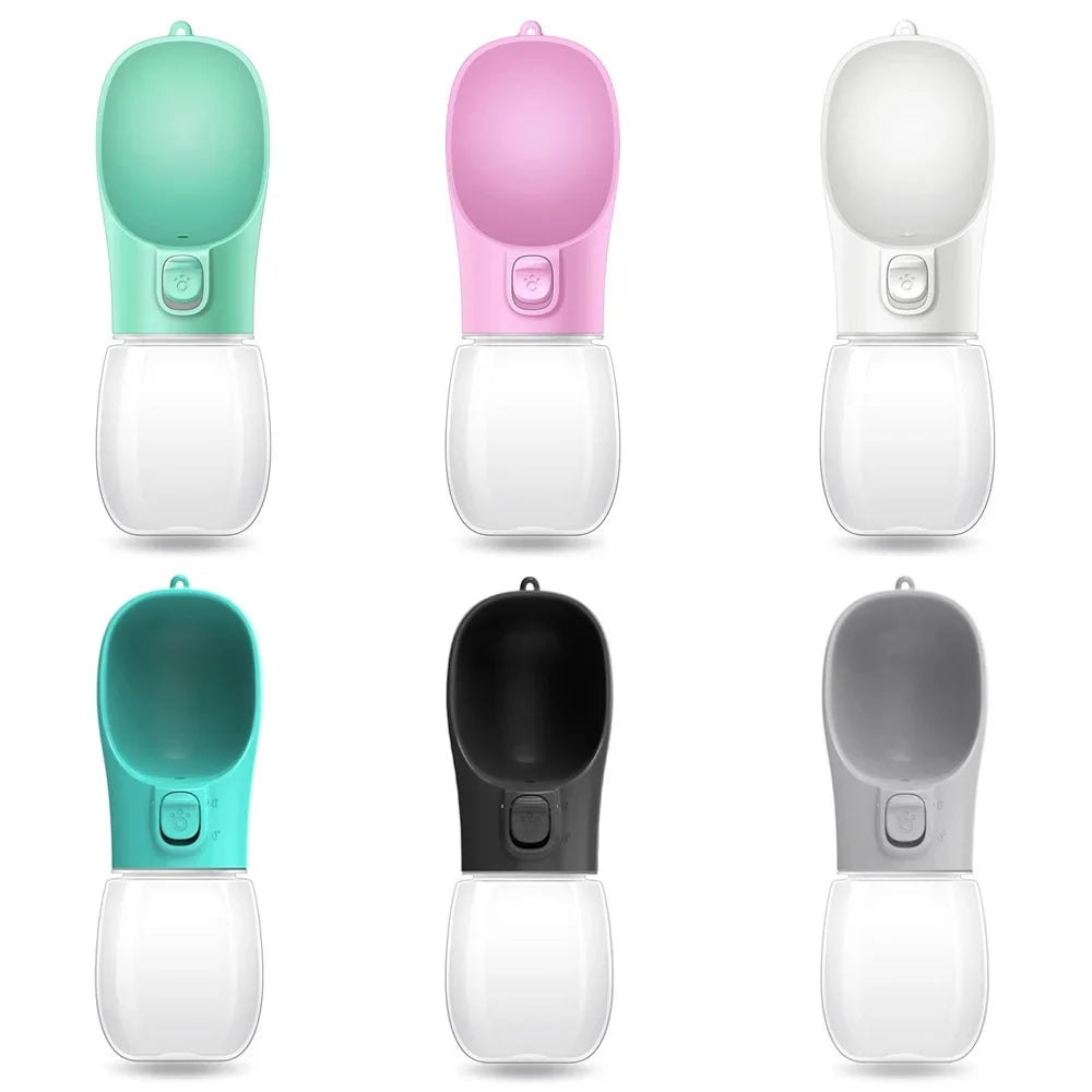 A set of five portable leakproof dog water bottles with built-in bowls in various colors including mint green, pink, teal, bl