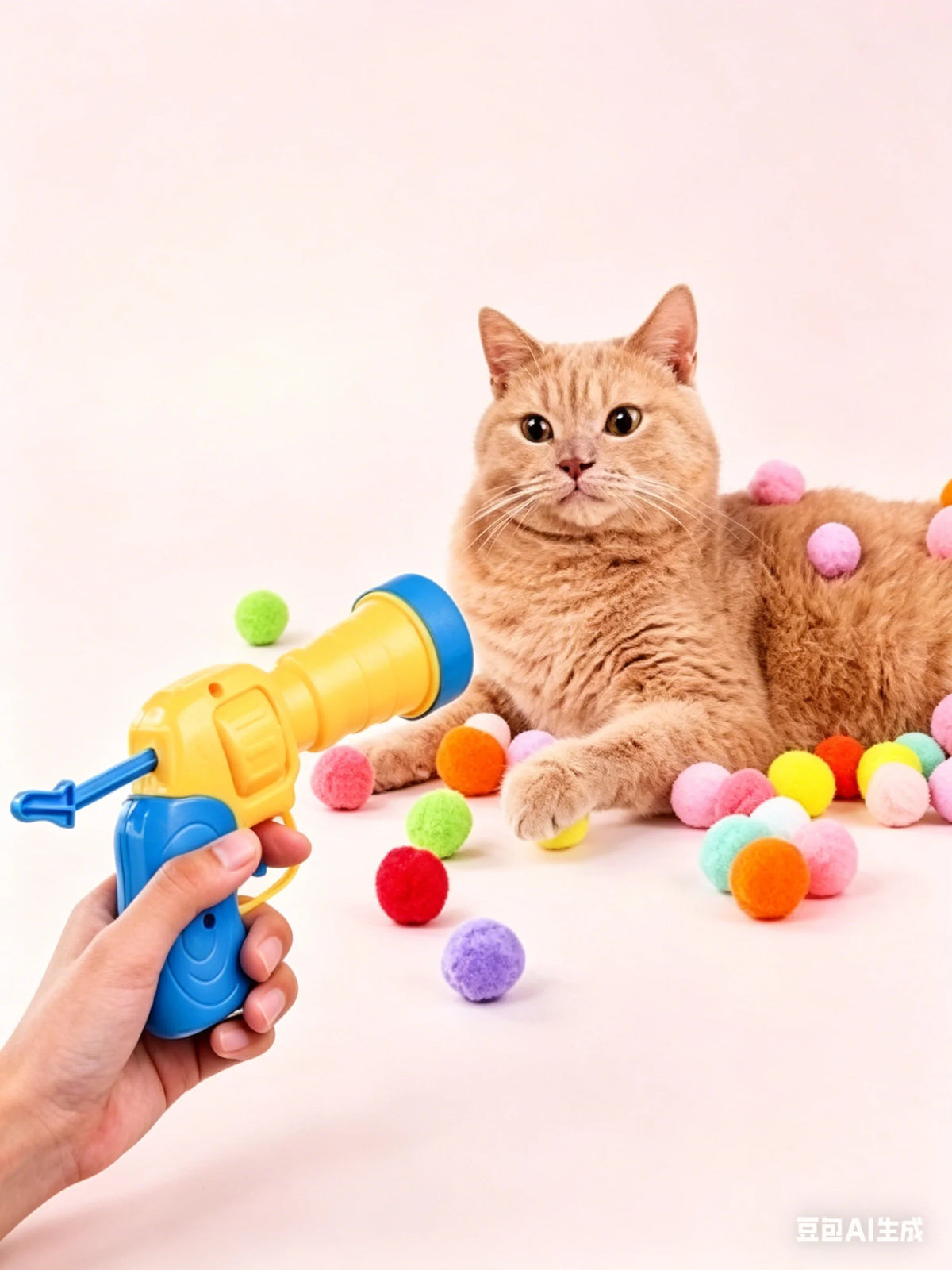 Eine tabbyartige Katze liegt, während eine Hand eine blaue Spielzeugwaffe und mehrere bunte Plüschbälle hält.