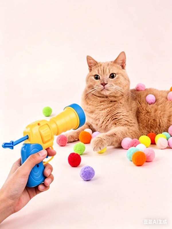 Eine gestreifte Katze liegt, während eine Hand eine blaue Spielzeugwaffe und mehrere bunte Plüschbälle hält.