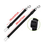 Black retractable dog car seatbelt tether with silver buckles and a textured headrest restraint.