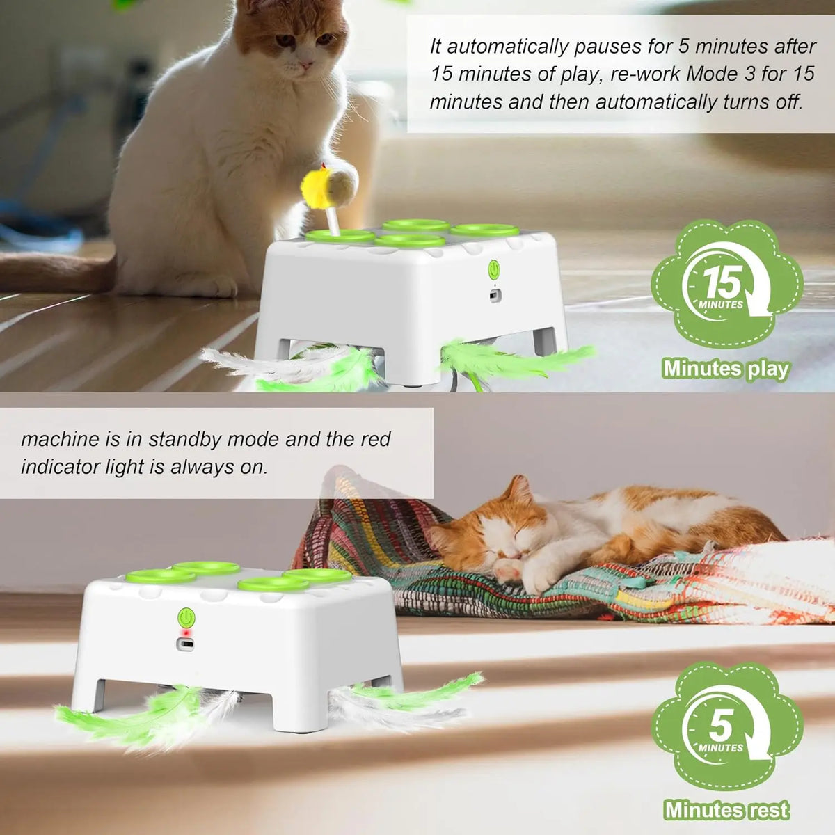 Weißer automatischer Federspielzeug für Katzen, gezeigt in verschiedenen Modi wie Spielen und Ruhe.
