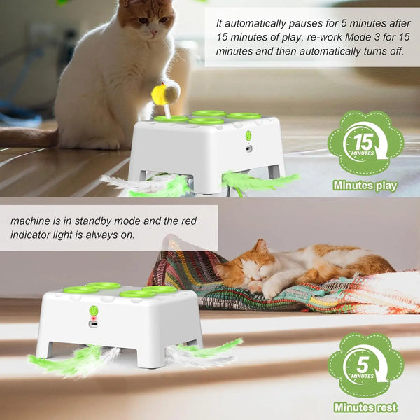 A white automatic pop-up feather toy for cats is shown in various modes, including play and rest.