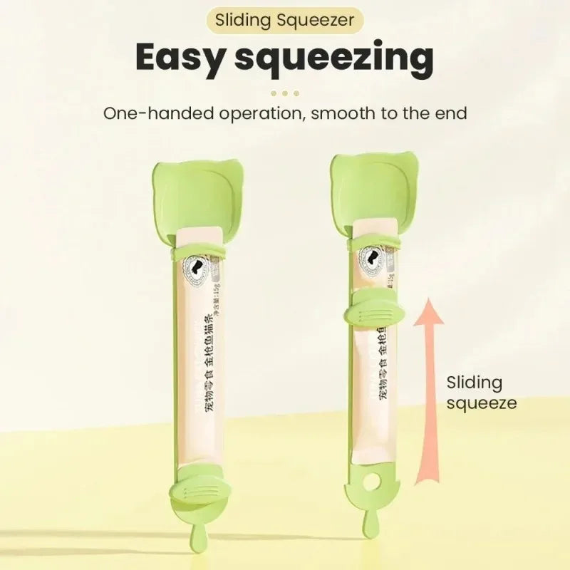 A pair of light green sliding squeezers for easy squeezing, shown with an arrow indicating the sliding squeeze action.