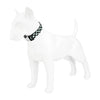 A white dog model wearing a black and white checker pattern collar.
