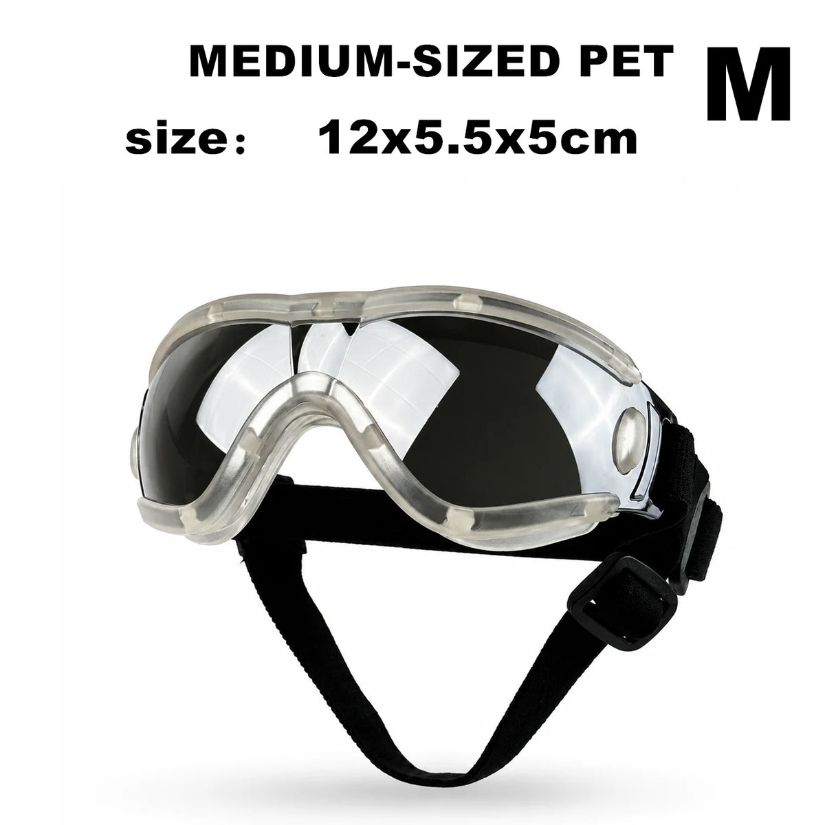 Mittlere klare Anti-UV-Hundegoggles mit schwarzen Rahmen und einem schwarzen Riemen