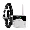 A white dual function dog training collar with a black strap and a remote trainer unit.