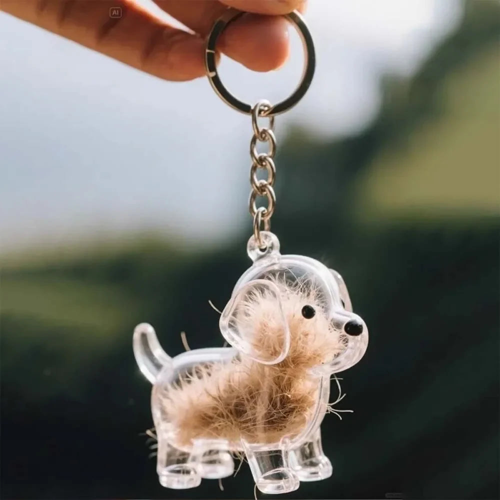 Un perro de silicona de dibujos animados claro con pelo esponjoso, unido a un llavero plateado.