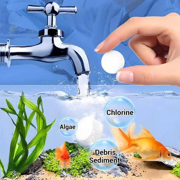 Main versant de l'eau d'un robinet dans un aquarium, avec chlor, algues et débris visibles.