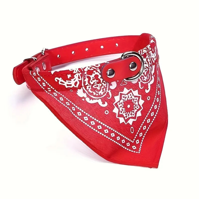 Red bandana collar with white paisley pattern and leather strap for dogs or cats