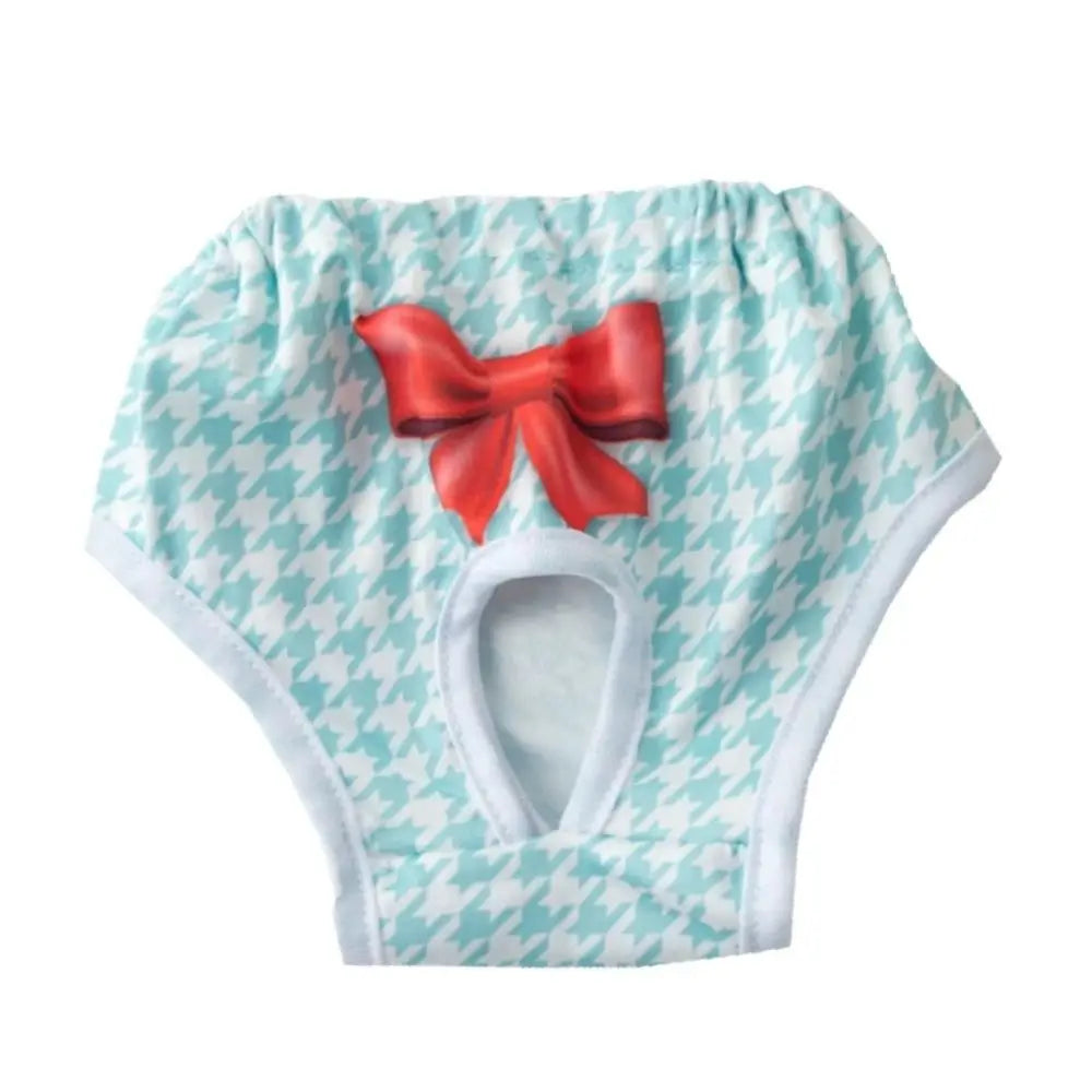 Light blue and white patterned reusable dog physiological pants with a red bow detail