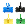 Three bone-shaped dog waste bag dispensers in blue, black, and green for on-the-go cleanup.