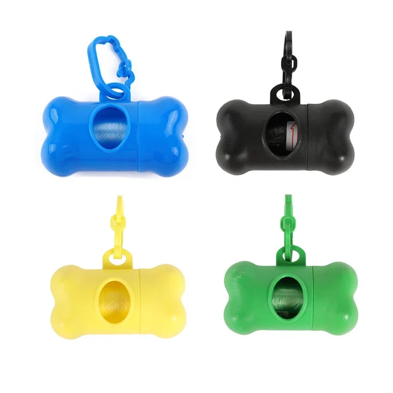 Three bone-shaped dog waste bag dispensers in blue, black, and green for on-the-go cleanup.