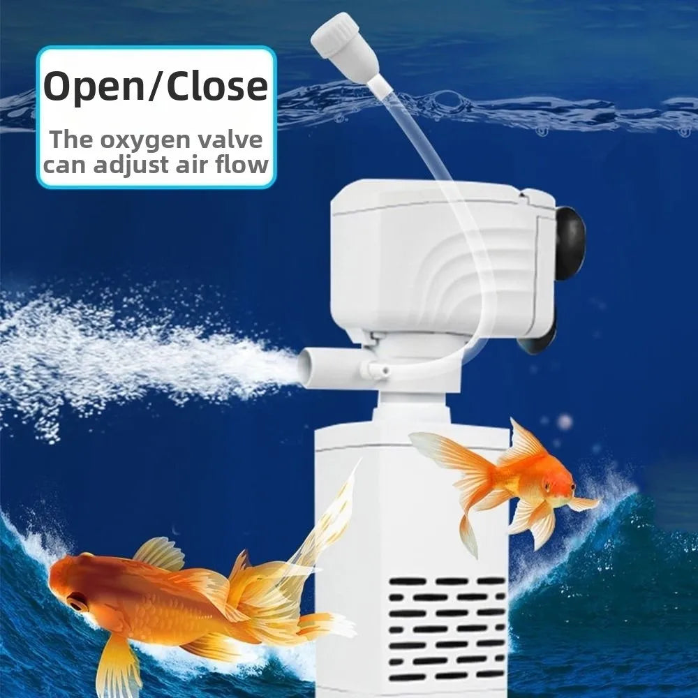 A white aquarium water circulation pump with an open/close oxygen valve is shown directing water flow to a goldfish.