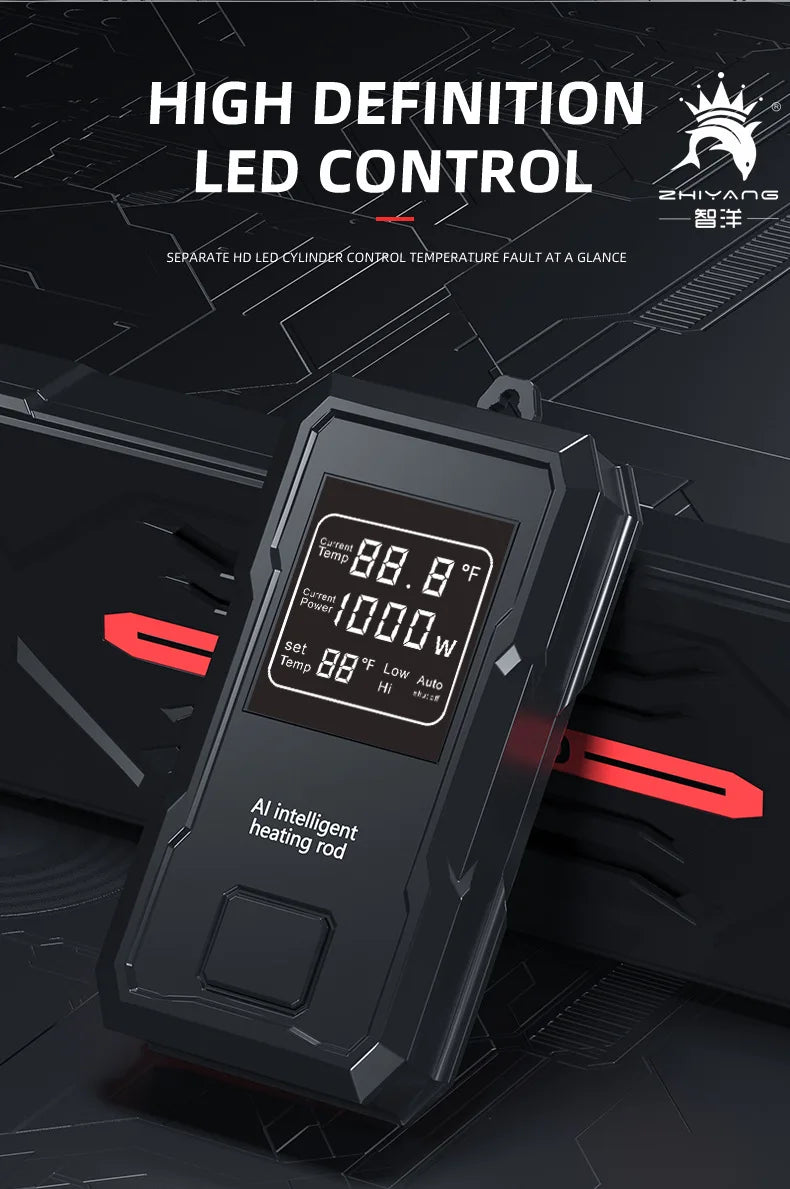 A black digital LED control unit for an AI intelligent heating rod, displaying temperature and power settings.