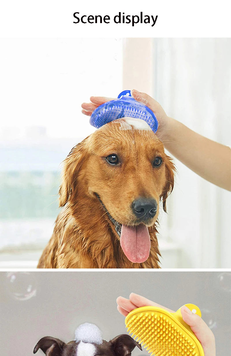 A hand is applying a blue rubber grooming brush to the head of a dog.