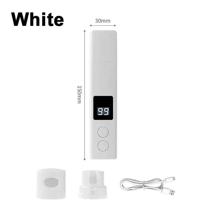 White pet nail grinder device shown with its components and dimensions.