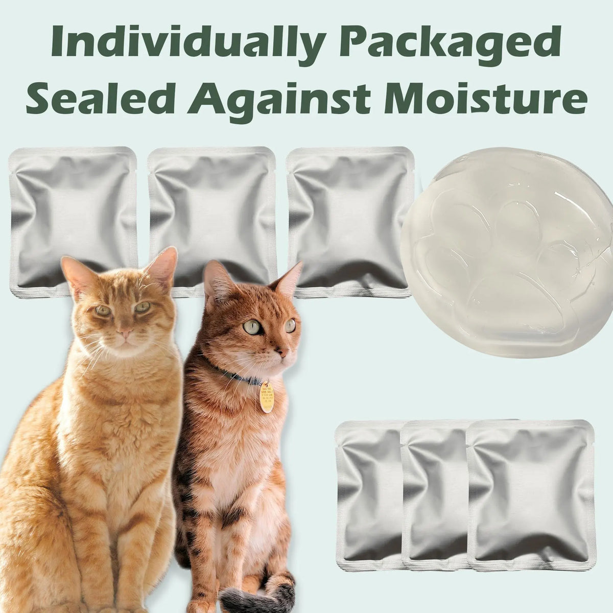 Un ensemble de gels désodorisants pour litières, individuellement emballés et scellés contre l'humidité, pour chats, à côté d