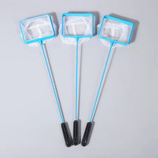 A pack of three blue soft mesh aquarium fish nets with non-slip handles displayed on a gray surface.