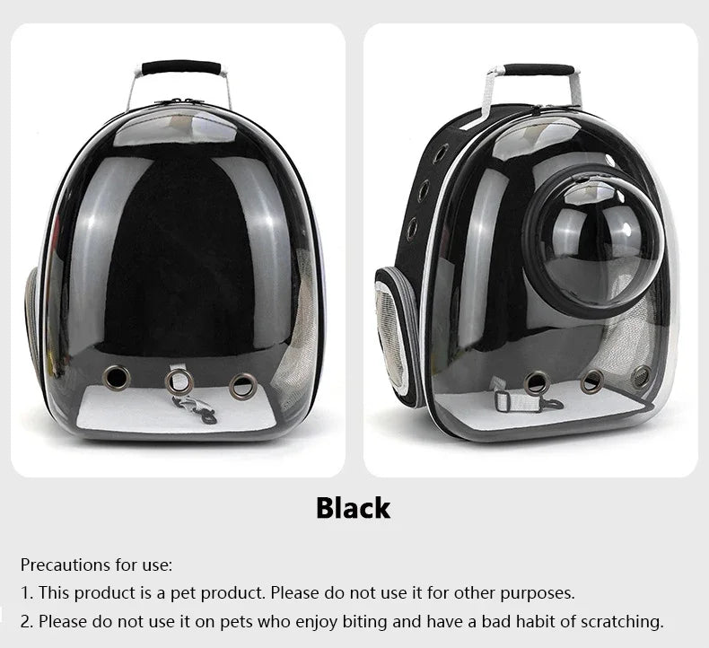 A black transparent pet carrier backpack shown from the top and side views.