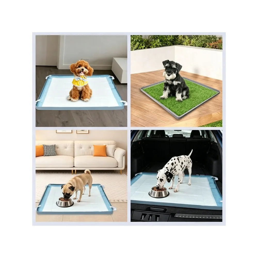A silicone dog pee pad holder is shown in various contexts, including a green mat for training and a blue tray for indoor use