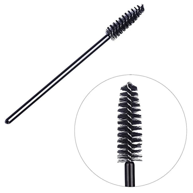 A black disposable eyelash and eyebrow brush set shown with a magnified view of the brush head.