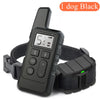 A black electric dog training collar with vibration and sound features is shown on a strap.