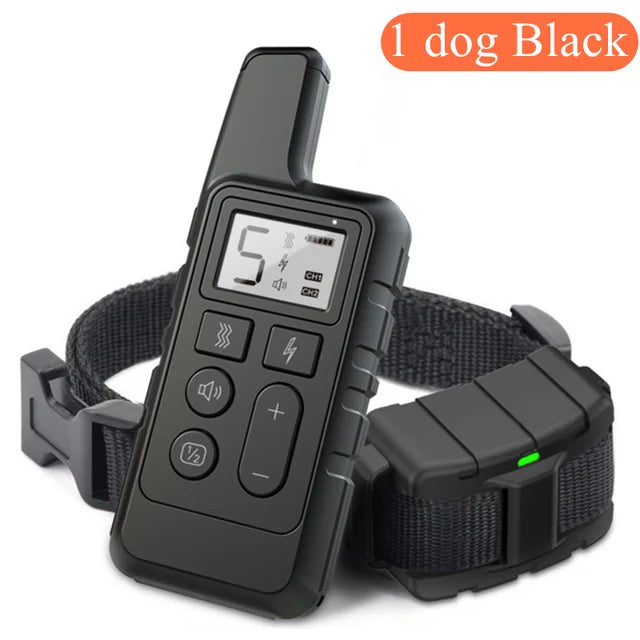 A black electric dog training collar with vibration and sound features is shown on a strap.