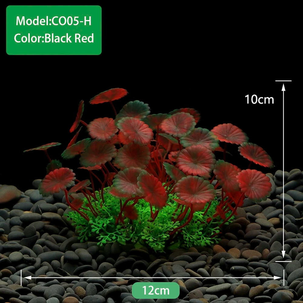 A close-up view of a Model CO05-H artificial plant featuring red and black foliage planted in dark gravel.