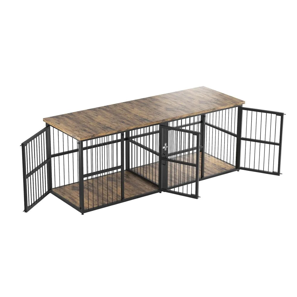 Extra large double dog crate furniture with a wooden TV stand top and black wire fencing.