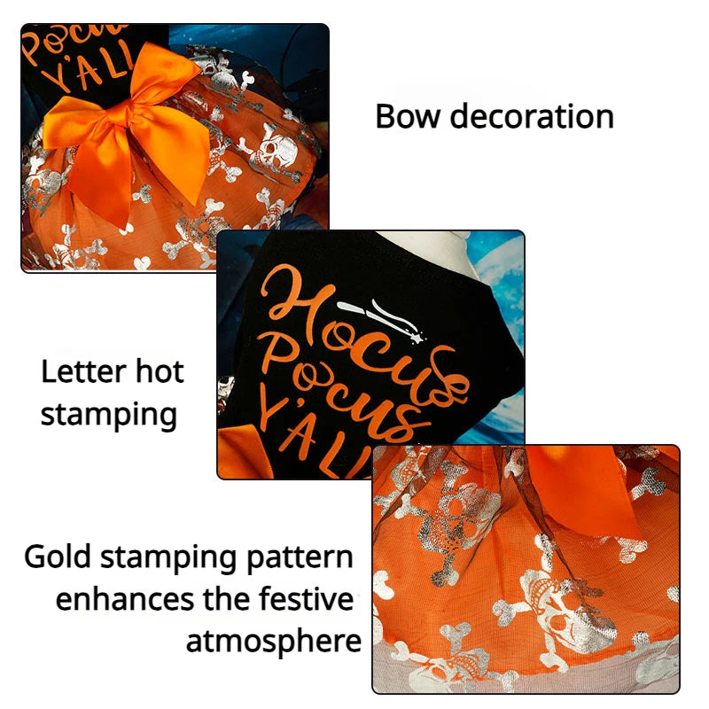 Orange fabric dress decorated with gold stamping pattern and a bow for Halloween
