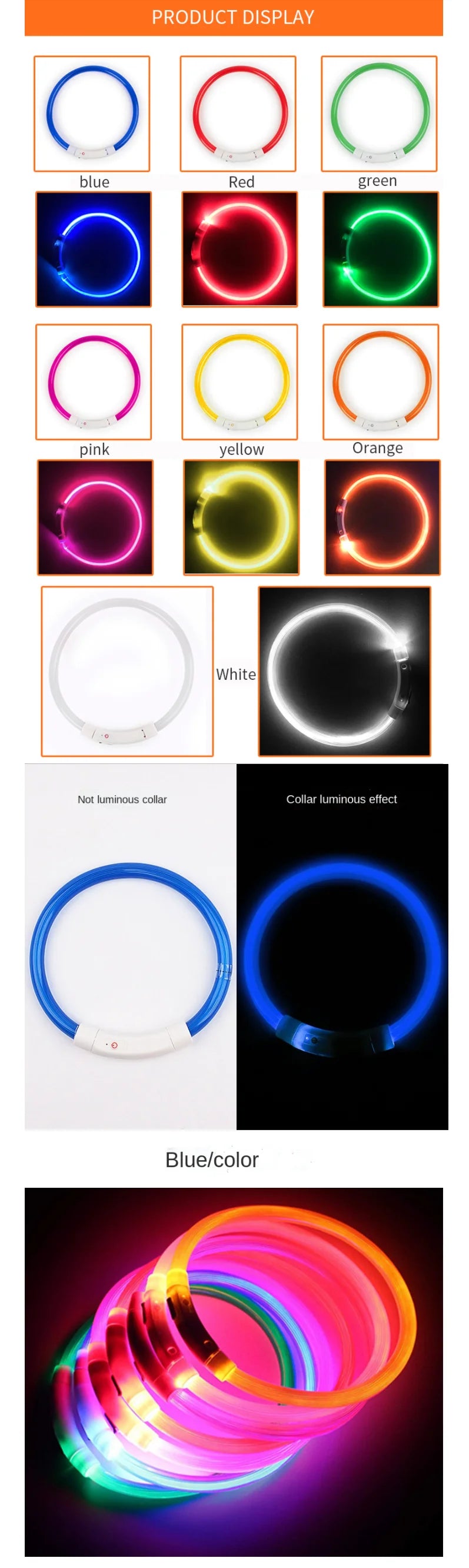 A close-up of a glowing blue LED dog collar demonstrating various colors and light effects.