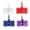 A set of bone-shaped dog waste bag dispensers in white, red, blue, and purple.