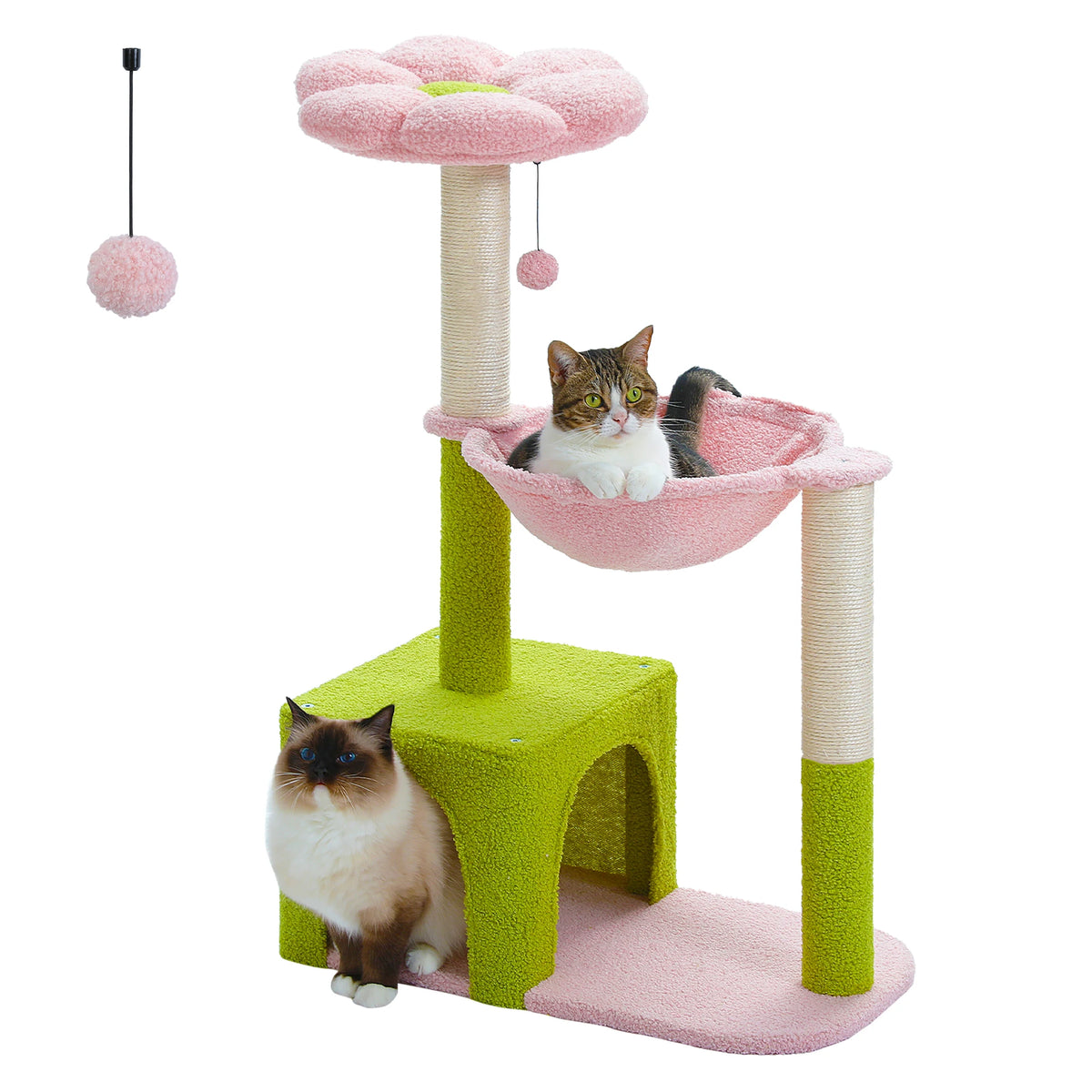 Rosa und grün geformter Katzenbaum mit Sisal-Hängematte für eine Katze