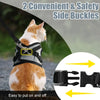 A cat wearing a black and gray breathable mesh pet harness with two convenient side buckles.