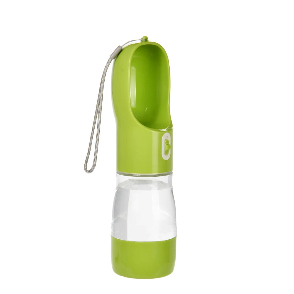 A lime green portable 2-in-1 dog water bottle and food dispenser with a flexible tube.