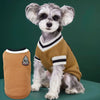 A small, fluffy dog wearing a tan V-neck knit vest with black stripes against a dark green background.