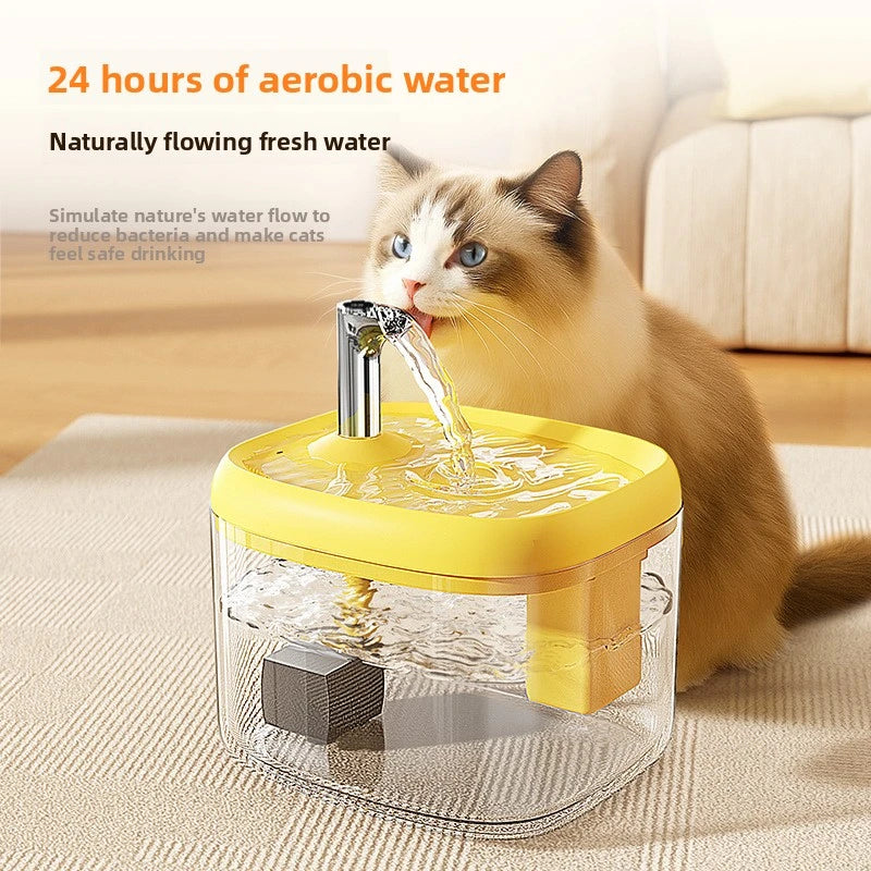 Un chat boit dans une fontaine d'eau claire avec de l'eau qui coule, simulant le flux de l'eau de la nature.