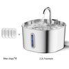 Fontaine à eau pour animaux en acier inoxydable avec bec et filtres visibles à côté du produit.