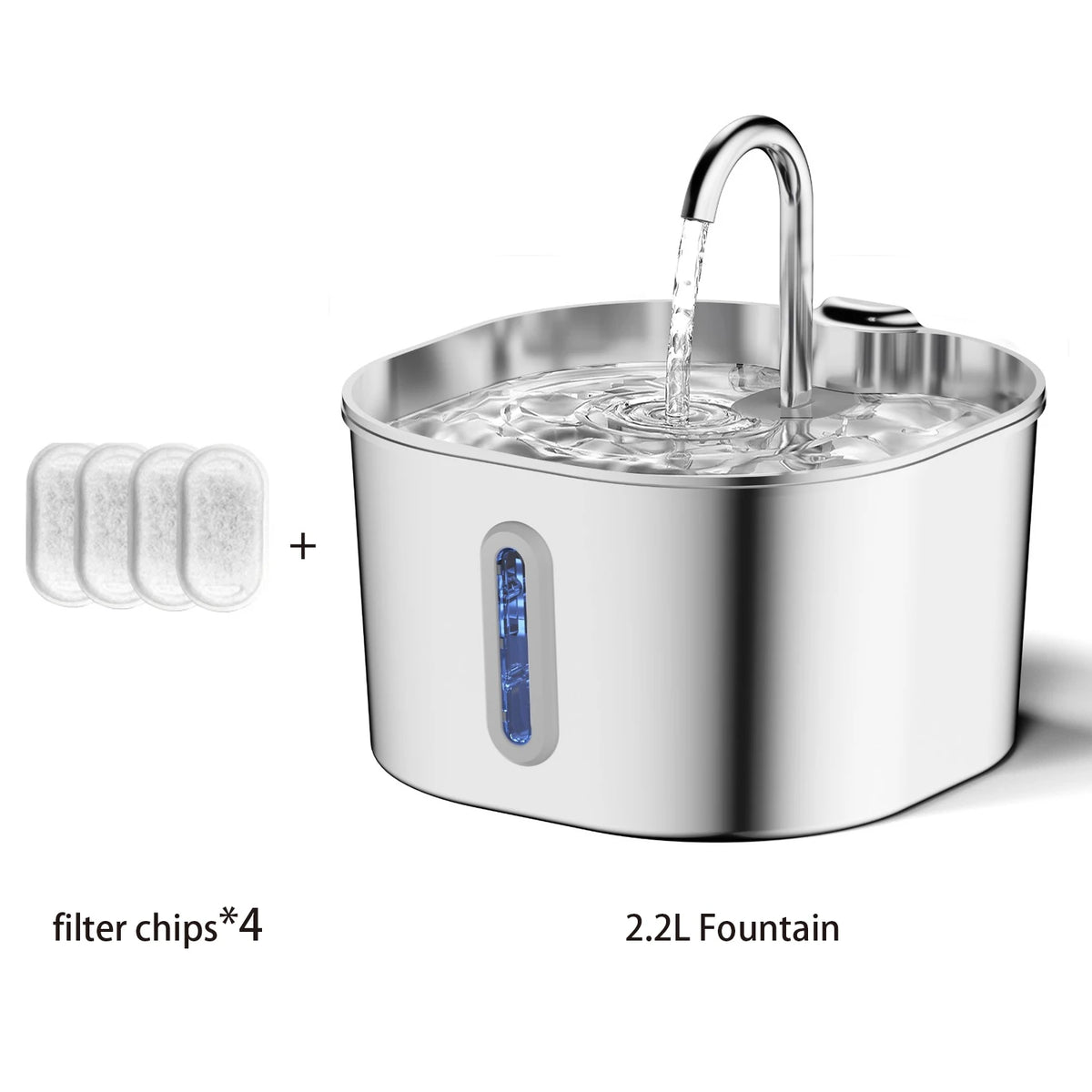 Fontaine à eau pour animaux en acier inoxydable avec bec et filtres visibles à côté du produit.
