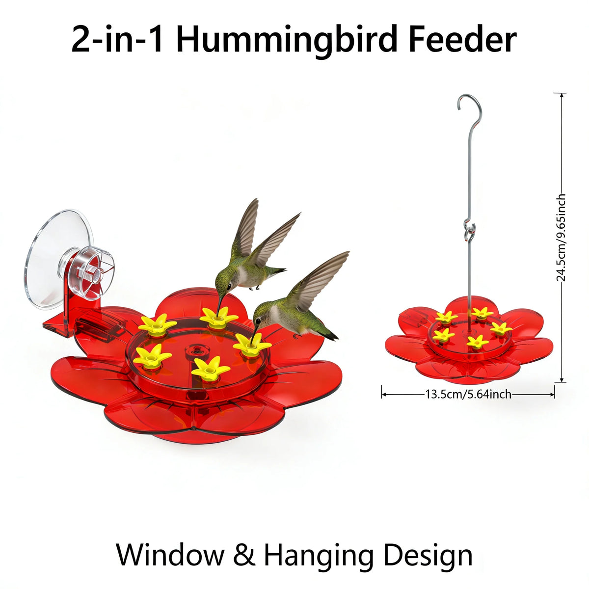 A red 2-in-1 hummingbird feeder featuring a flower design with a suction cup and a hanging hook.