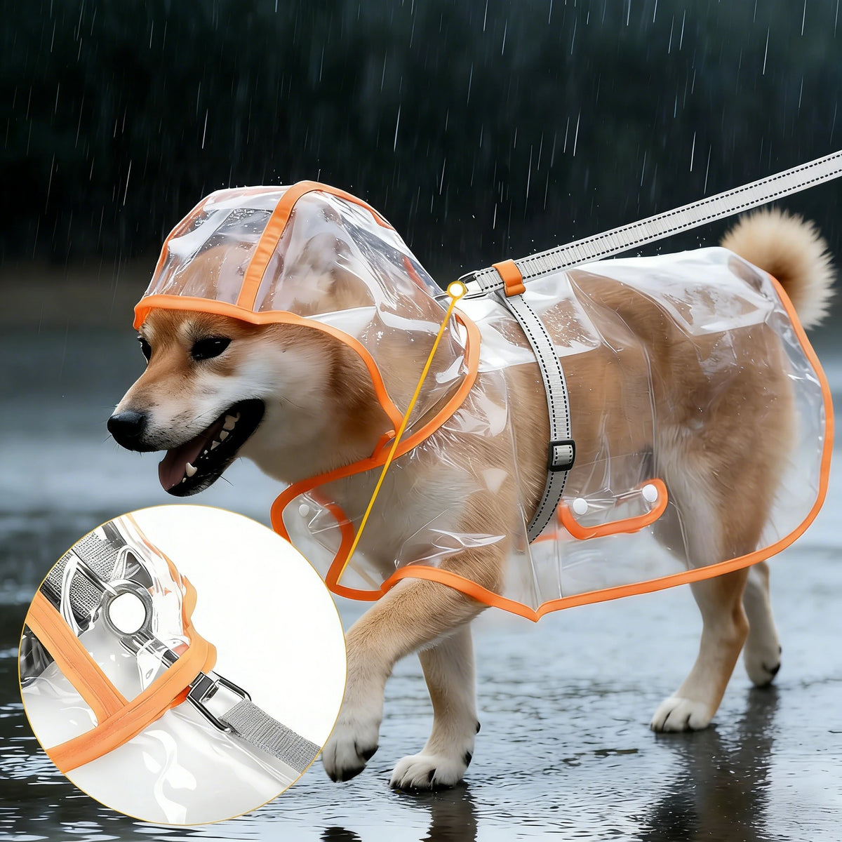 Un chien brun clair portant un imperméable transparent avec des bordures orange, marchant sous la pluie.