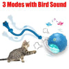 A blue, spherical cat toy ball is shown with a wire and light, suggesting an interactive motion-activated toy.