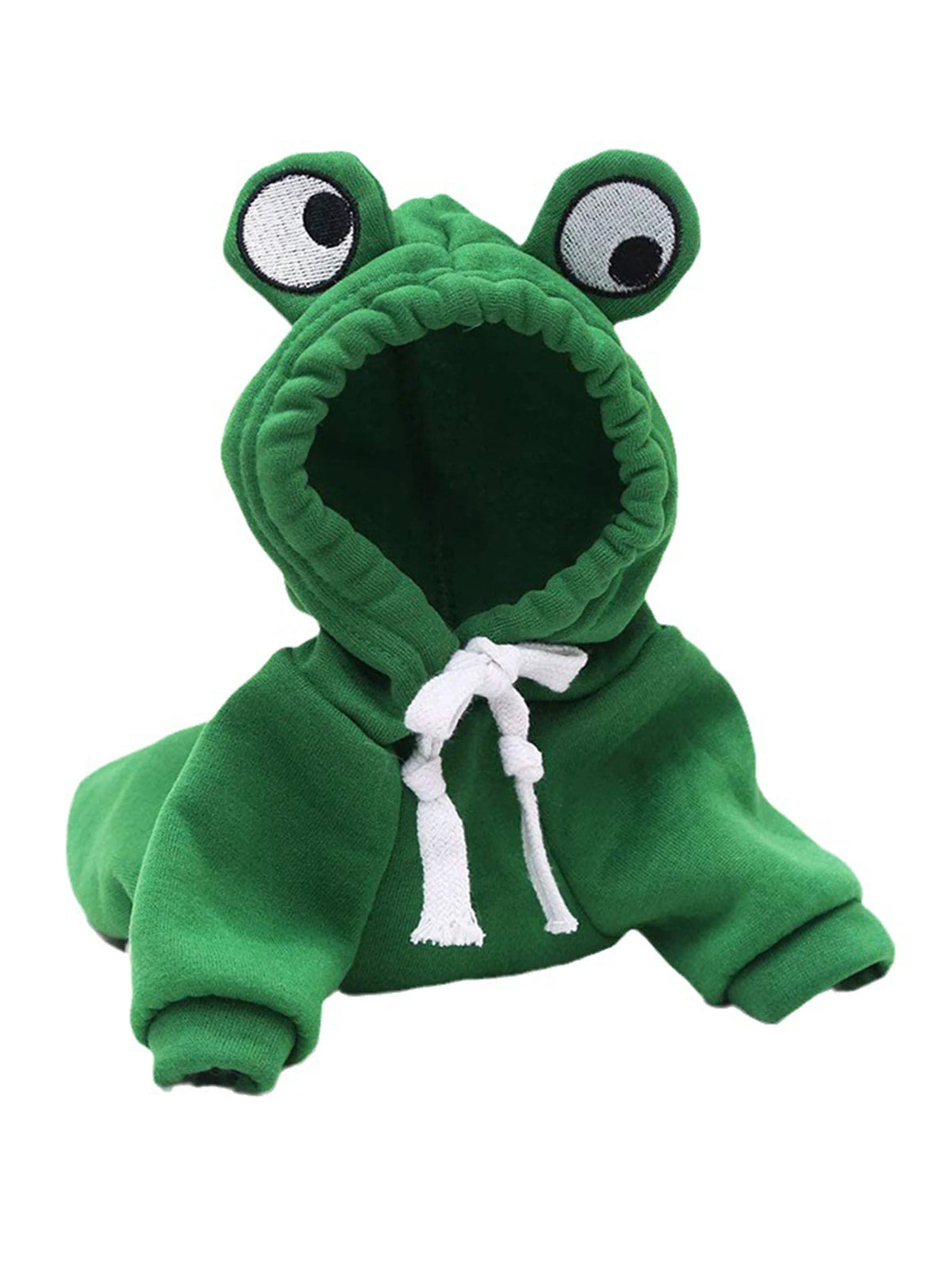 A green frog pet sweater for dogs with large eyes and a hood.
