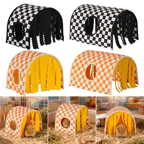 A durable pet tunnel for small rodents made of checkered fabric in black and white, shown in various outdoor and indoor setti