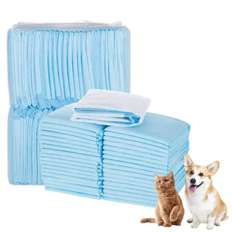 Stapel hellblauer Einweg-Trainingpads für Hunde neben einer Katze und einem Hund
